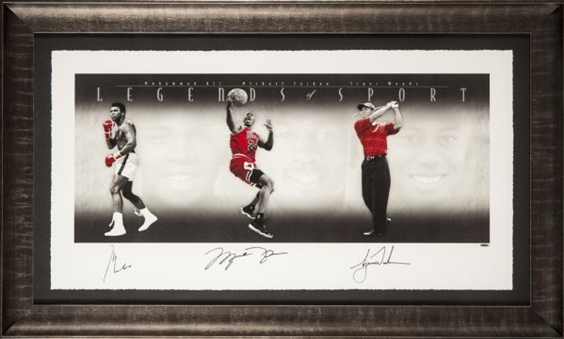 Legends of Sports Muhammad Ali, Michael Jordan, Tiger Woods Signed and Framed Platinum Edition (23/100)Lithograph (Upper Deck Authenticated)